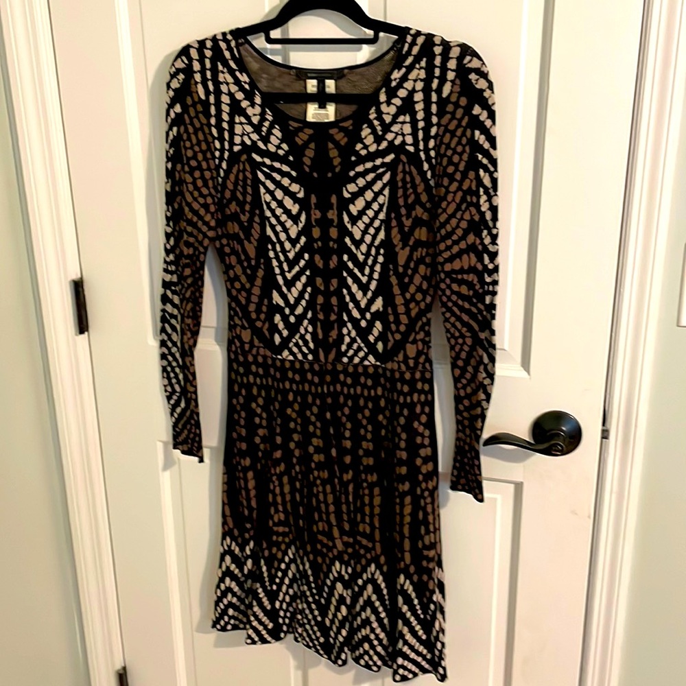 BCBG Max Azria Womens Kylar Long Sleeve A Line Sweater Dress Black Brown Size M
